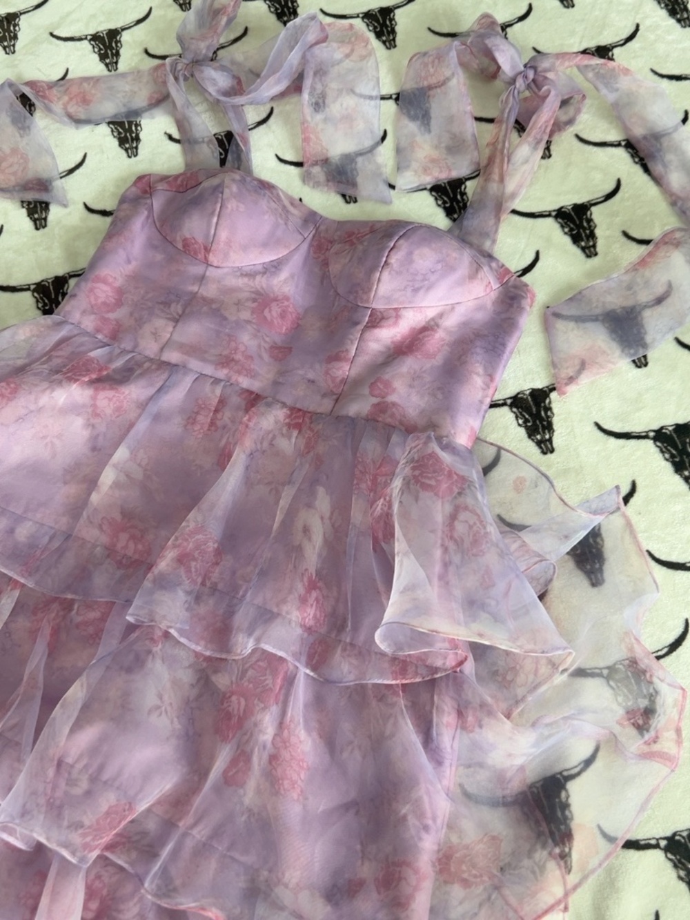 Pink Purple Floral Organza Tiered Maxi Dress Size 14 Corset Bust